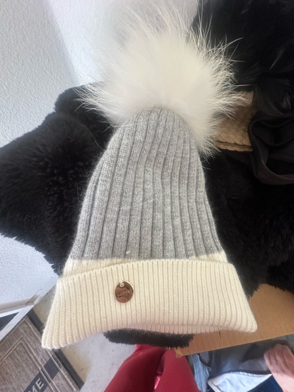 Two-Tone Ribbed Beanie with REAL RABBIT FUR Pom REAL CASHMERE